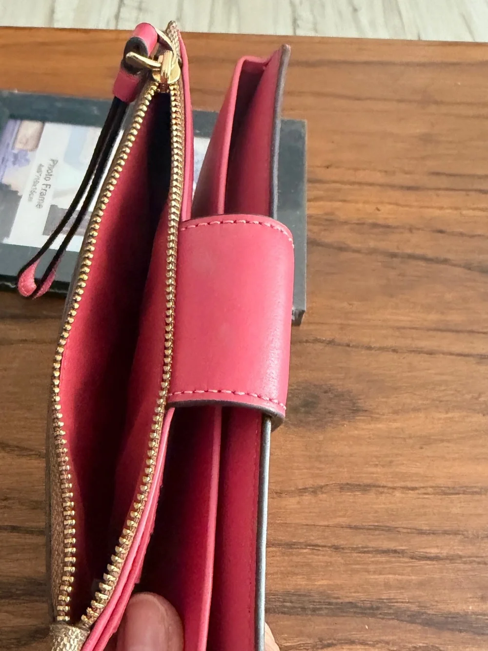 Coach Brown Signature Canvas Wristlet with Pink Leather Accent